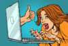 like thumb up, woman blogger working on computer. Comic cartoon pop art retro vector illustration drawing